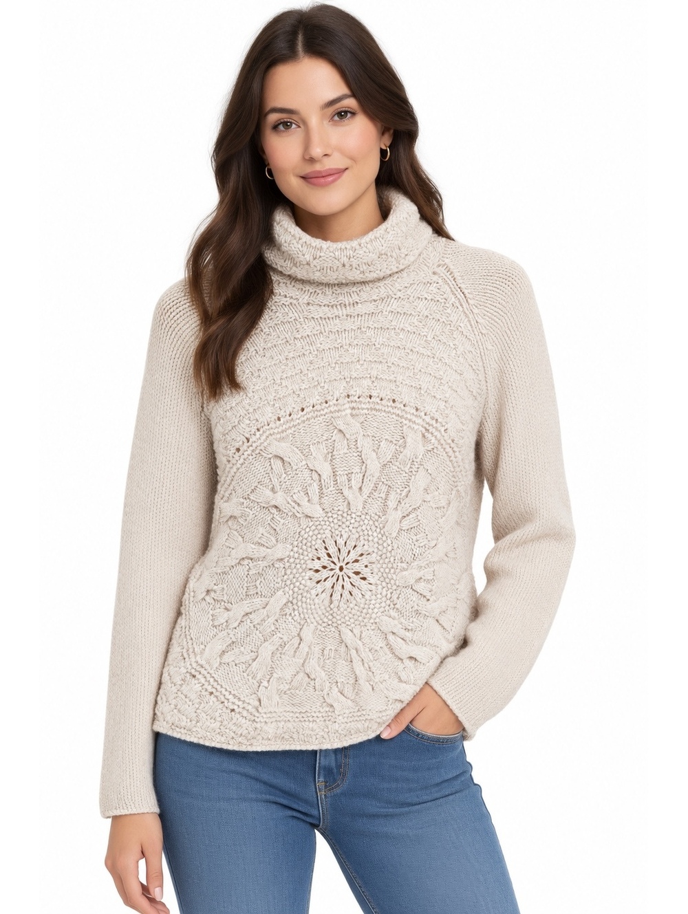 M-A-G Magaschoni Cream Wool Mandala Cable Knit Mock Turtleneck Sweater M